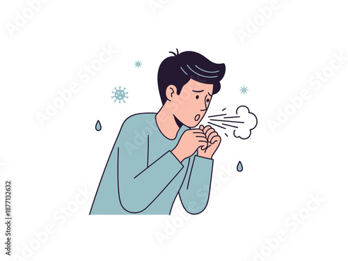 Man coughing with droplets and virus particles around him.