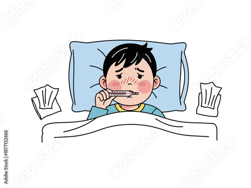 Sick child lying in bed with thermometer in mouth.