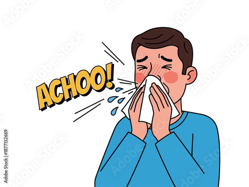 Man sneezing into a tissue with droplets flying out.