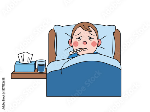 Sick Child in Bed with Thermometer and Tissues.