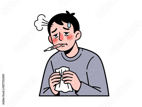 Sick man with thermometer and tissue feeling unwell.