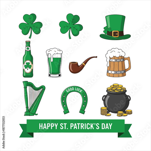 St. Patrick's Day vector illustration with emerald green icons including shamrocks, hat, beer, pipe, harp, horseshoe, and pot of gold