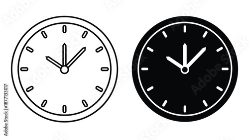 Two clock faces, one outlined and one filled black, show a similar time.
