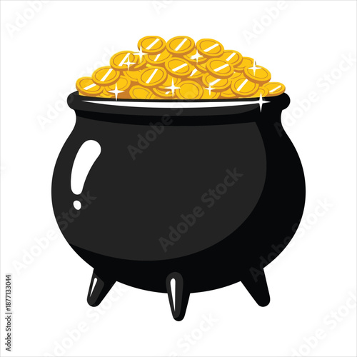 Stylized vector illustration of black cauldron overflowing with shiny gold coins in clean flat graphic style