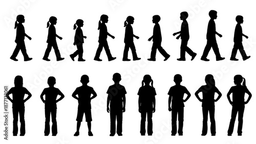 Collection of diverse children silhouettes in various walking and standing poses for graphic design