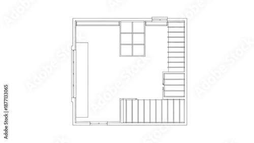 Top-down view of a multi-level home floor plan with stairs and storage