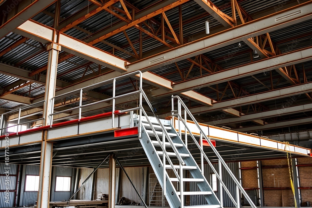 Fototapeta premium Construction workers building steel framework in warehouse