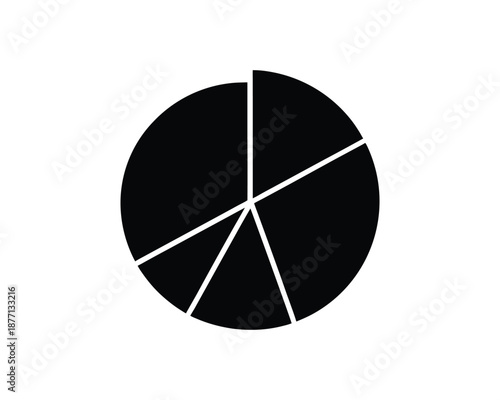 Black and white pie chart with five segments on white background Keywords: pie chart, graph, data, statistics