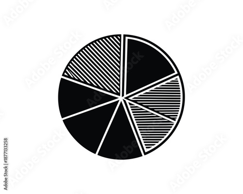 Black and white pie chart with six segments and stripes on white background Keywords: pie chart, graph, data