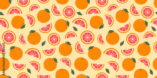 Seamless Orange Grapefruit Fruit pattern with slices and leaves, citrus repeating background. For summer packaging, beverage branding, cocktail menus, textiles, wallpapers, food design.