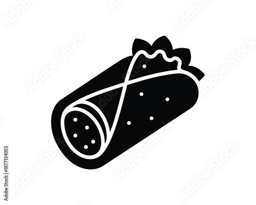 Black silhouette of a burrito with visible filling on a white background wrap taco