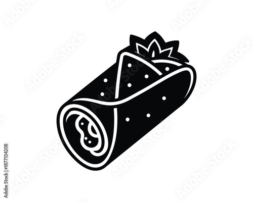 Black silhouette of a filled burrito with decorative top on a white background wrap taco