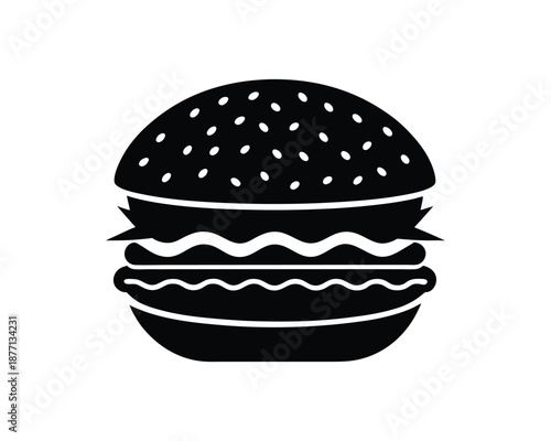Black silhouette of a hamburger with sesame seeds on a white background cheeseburger sandwich