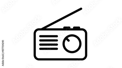 A simple line drawing of a portable radio with an antenna and a dial.