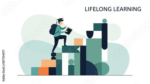 An ambitious individual ascends an abstract staircase, symbolizing the continuous pursuit of knowledge and personal growth on an inspiring lifelong learning journey