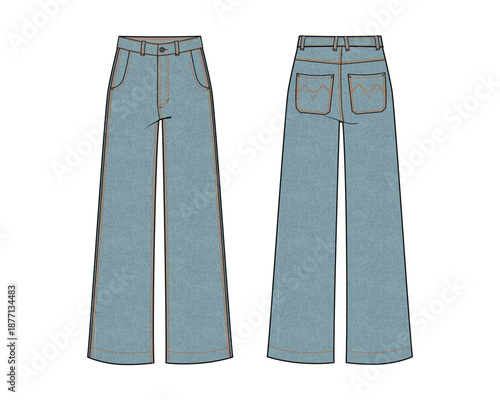 Women’s  Jeans, Front and Back View Vector Fashion Illustration , CAD, Technical , Mockup, Template.