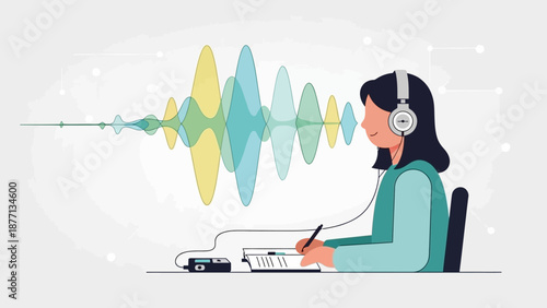 Young woman with headphones listening to audio and taking notes with a sound wave visualization in the background