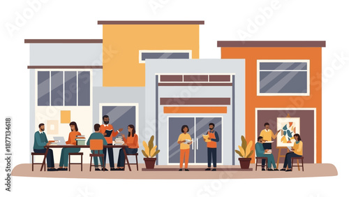 Diverse group of people collaborating and working together in a modern office building or co-working space