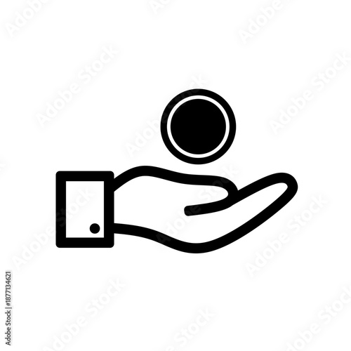 Black Icon outline of Hand Outstretched for Coin Donation isolated on white background. Vector