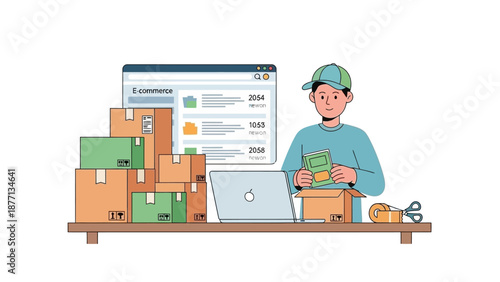 Streamlined online business operations with a dedicated seller efficiently preparing customer orders for swift delivery, managing digital sales from an e-commerce website