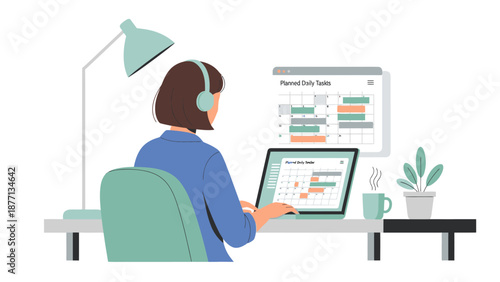 A person wearing headphones and looking at a laptop screen with a calendar on it, sitting at a desk with a lamp and a plant