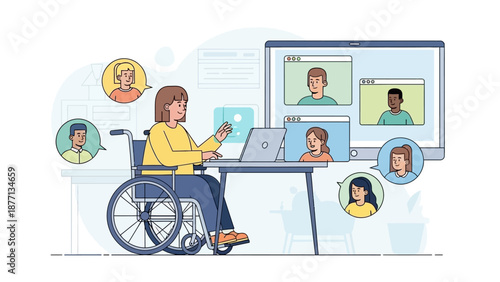 Diverse Team Collaborates Remotely Through Online Meetings and Video Conferencing