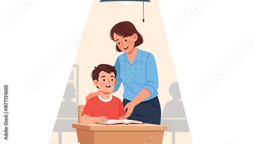 Teacher and student studying at desk under lamp, showing collaboration and learning