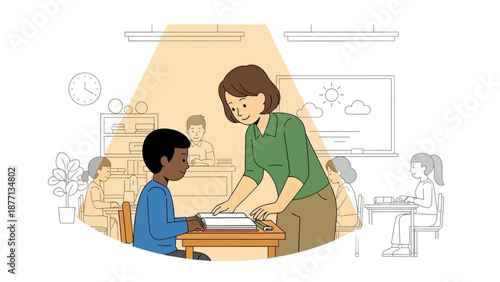 Dedicated female teacher offering support and guidance to a young African American boy during a lesson in a modern classroom setting, fostering a positive learning environment
