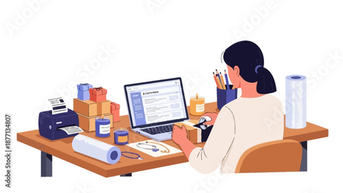 Young woman packing orders at a desk with a printer, laptop, and supplies, demonstrating small business operations and e-commerce fulfillment