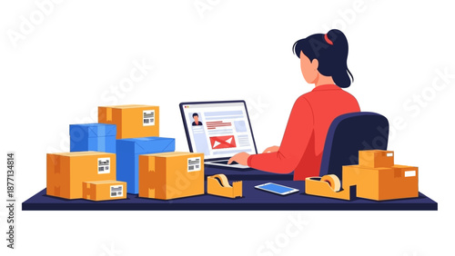 Woman working with packages and laptop in an office, online shopping and delivery fulfillment concept