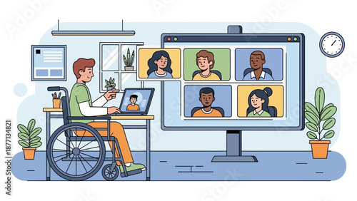 Diverse Team Collaborating Remotely on a Video Conference Call, Featuring an Individual in a Wheelchair Participating Actively