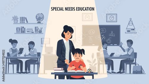 Compassionate teacher guides a young student with special needs in an inclusive classroom, promoting learning and development in a supportive educational environment