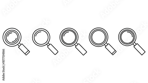 Five magnifying glasses are lined up horizontally against a white background.