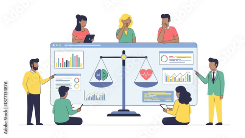 Team balancing logic and emotion for strategic decision-making, leveraging data and empathy to achieve problem-solving, well-being, and business success