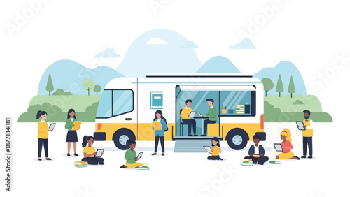 Vibrant community gathering around a modern mobile library, accessing knowledge and digital resources in an outdoor setting, promoting accessible education and lifelong learning