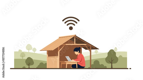 Woman working remotely on laptop in a serene natural setting, connected by internet. Illustrates the digital nomad lifestyle and flexible outdoor work from a tranquil wooden hut