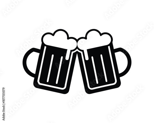 Two black silhouette beer mugs touching rims with foam on a white background clinking