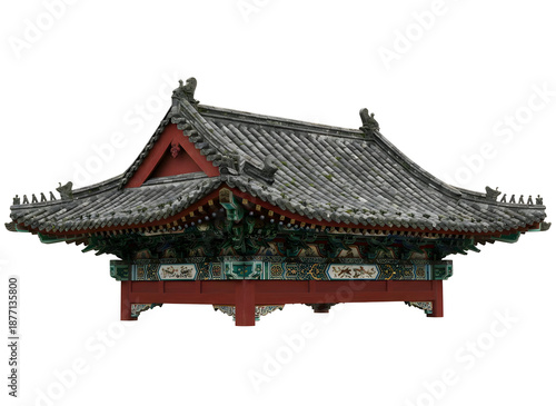 Traditional asian architecture ornamental roof structure with detailed carvings