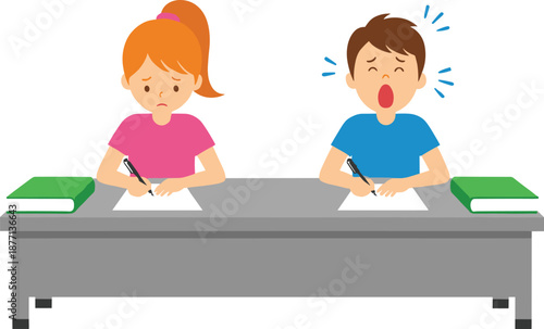 Bored and Tired Students Studying at Desk IllustrationBored and Tired Students Studying at Desk Illustration