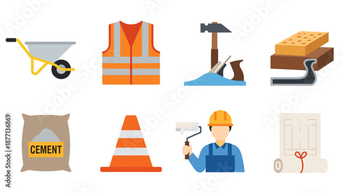 Construction site icons featuring safety gear, bricks, cement bags, and tools with a worker under a helmet.
