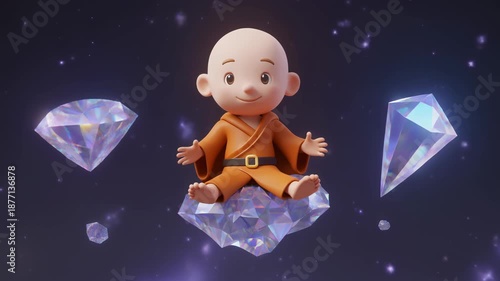 Serene cartoon monk meditating on crystal surrounded by diamonds.