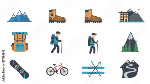Outdoor Adventure Icons: Hiking Boots Backpack Hiker Gear Mountains and Bikes Collection.