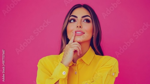 Thoughtful young woman with a finger on her chin, looking animated movie with a curious expression, against a vibrant pink background.