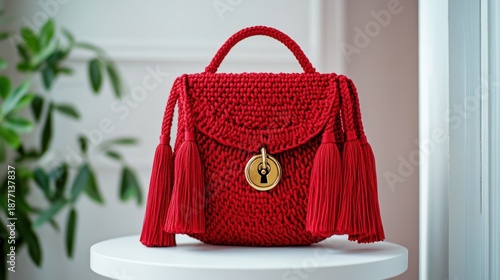 Red Crochet Handbag with Tassels on White Table