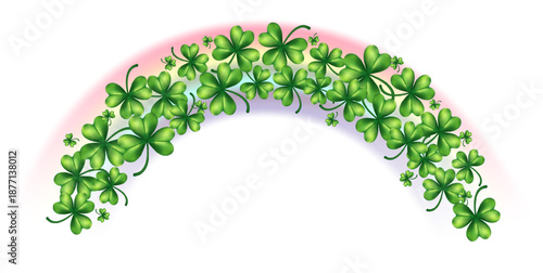 St patricks day rainbow arch with green shamrock clover leaves. Vector illustration of irish luck symbol isolated on white background for festive spring holiday greeting card design.