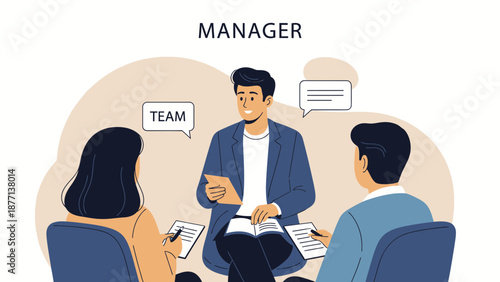 Manager leading team meeting, brainstorming ideas, discussing strategy, communication concept