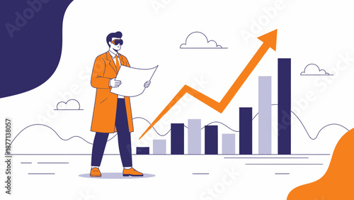 Man in VR headset analyzing rising business graph with upward arrow