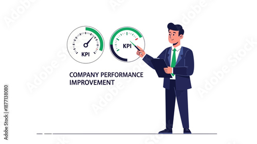 Businessman pointing at KPI dashboard for company performance improvement