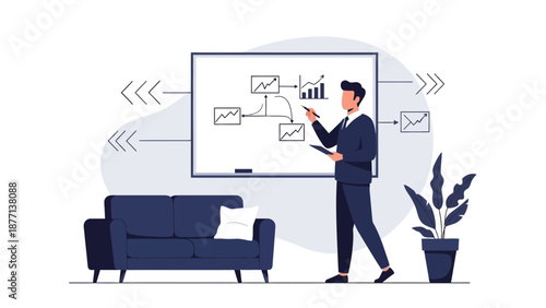 Businessman planning strategy on whiteboard with charts and graphs in modern office