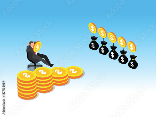 Financial Success Concept with Businessman Relaxing on Coin Stacks and Growing Money Bags 3d isometric vector illustration